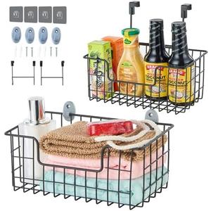 Wire Storage Basket 2 Packs, Wall Mounted Kitchen Bathroom, Hanging Cabinet Door Storage Basket, no Drilling, Supporting 2 Types of Hooks, Strong Bearing, Suitable for Home, Black