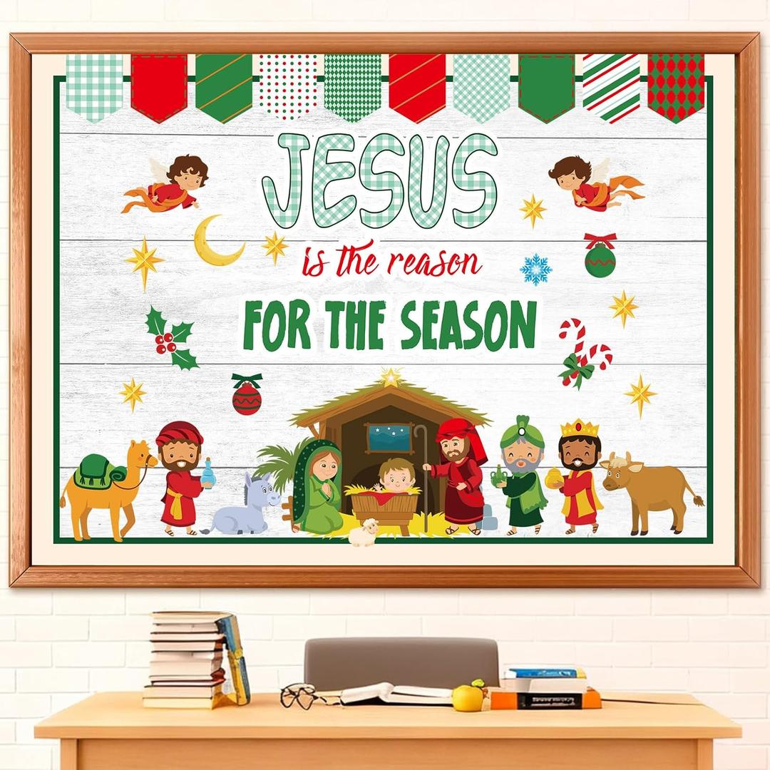 Epakh 50 Pcs Christmas Nativity Bulletin Board Decoration Set Jesus is The Reason for The Season Religious Christian Christmas Classroom Decorations for Sunday School Church Chalkboard Wall