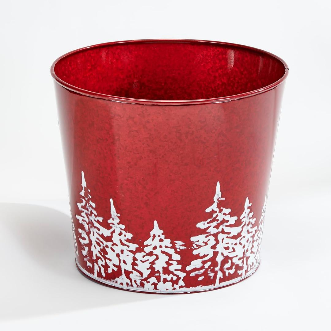 Worth Imports Red Galvanized Metal Christmas Planter Bucket with Tree Design, 10.5" Height, 12" Diameter, Set of 2
