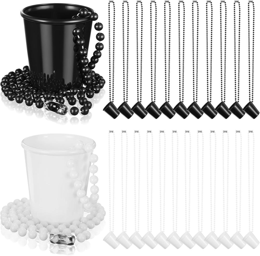 Dandat 24 Pcs Shot Glass on Beaded Necklace Graduation Accessories Disposable Mini Plastic Shot Cups for Graduation Party Accessories Bachelorette Birthday Wedding Festival Party Favor(Black, White)