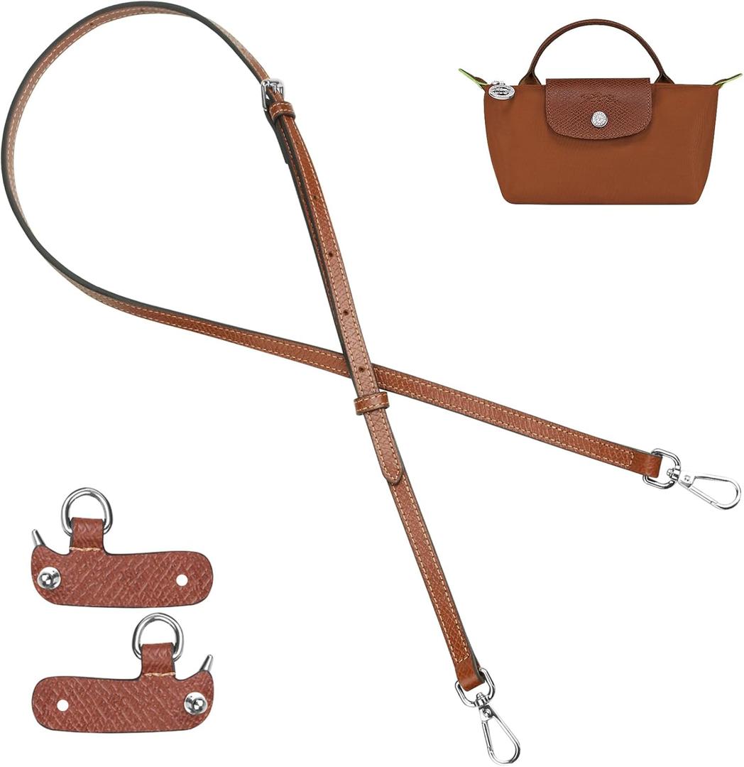 Jiesinlov Leather Bag Shoulder Strap Replacement Crossbody Adjustable Conversion Kit Fit for Mini Pouch (New-brown-silver)