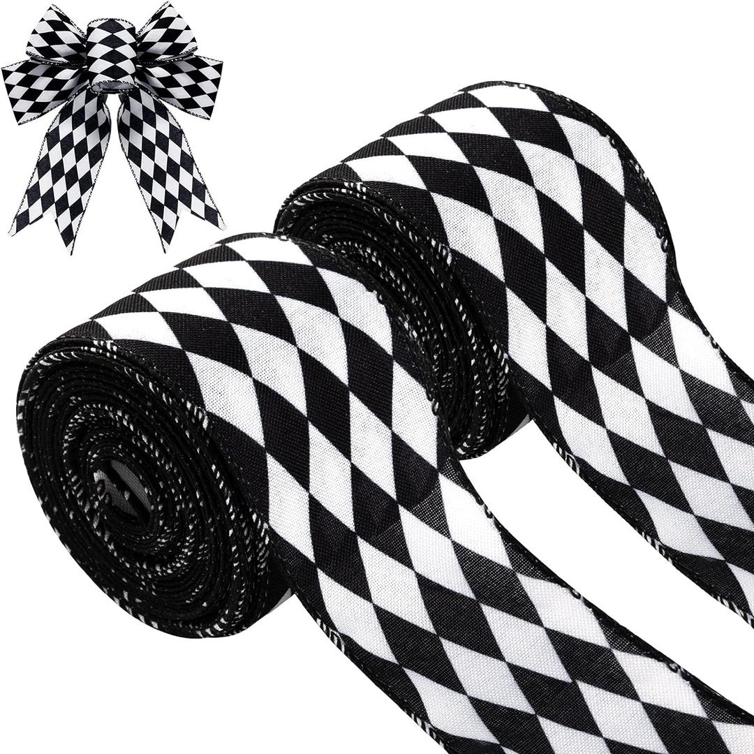 2 Rolls Christmas Checkered Ribbon Black and White Check Ribbon Diamond Check Wired Edge Ribbon Diamond Pattern Decorative Ribbons for Christmas Fall Tree Wrapping DIY Crafts (2.6 Inch)