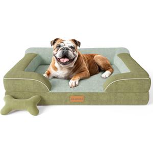 CWAWZ Dog Beds for Large Dogs, Orthopedic Dog Bed with Cooling Gel Memory Foam, Waterproof Large Pet Bed with Removable Washable Cover, 36" Pet Sofa Couch Dutch Velvet with Bone Toy, Dark Green