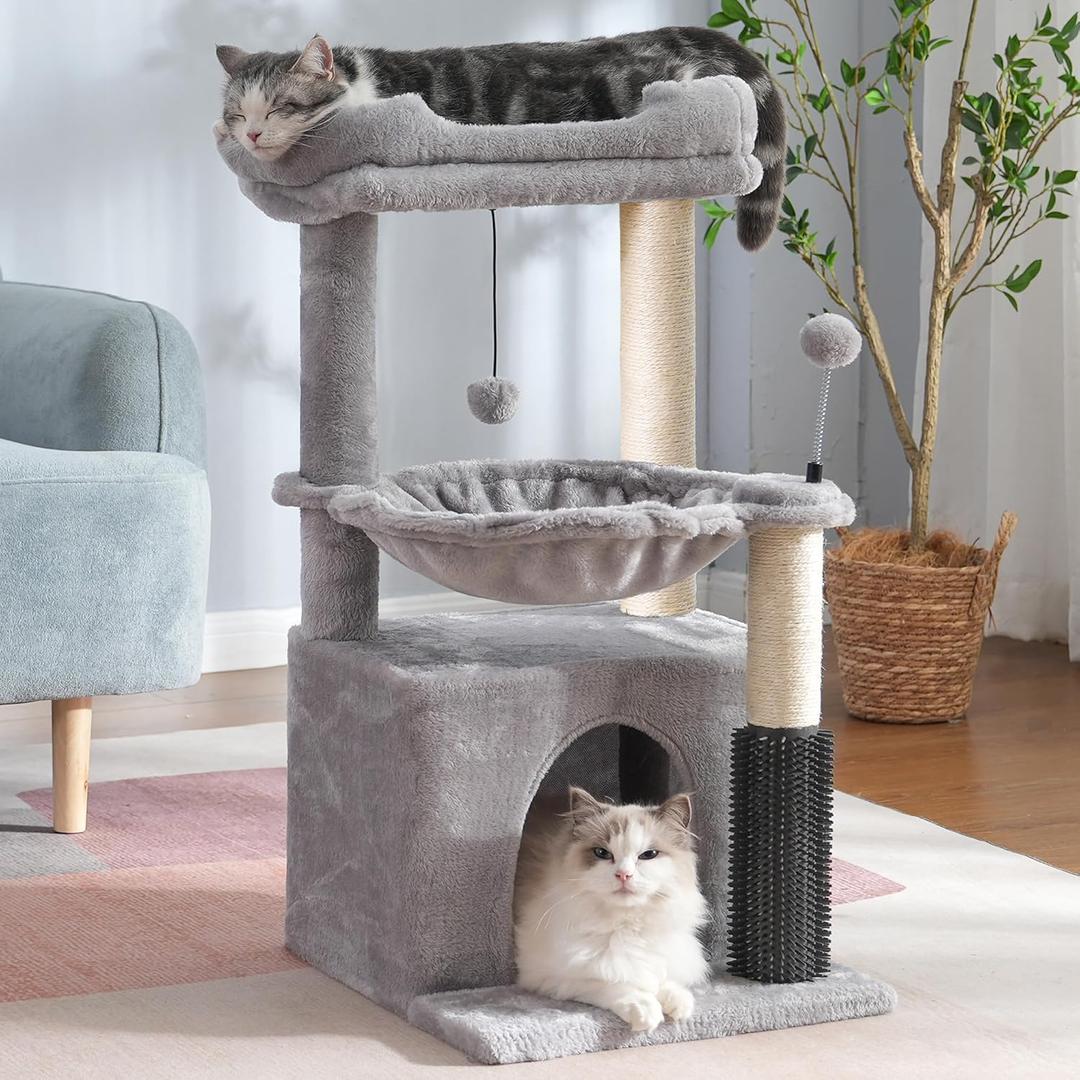 Cat Tree 32 Inches Small Cat Tower with Large Hammock Dia 15.7,Self Groomer, Fully Scratching Post, Removable Top Bed and Wide Hideway Condo for Indoor Cats-Gray