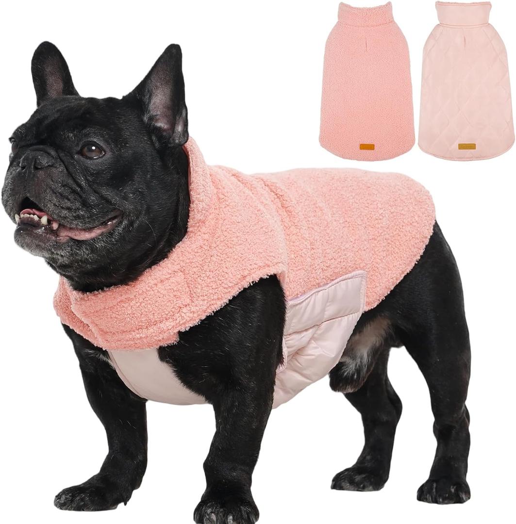 Kuoser Reversible Dog Coat Warm Fleece & Quilted Waterproof Dog Jacket, Double-Sided Cold Weather Dogs Winter Coat with Harness Hole, Windproof Pet Snow Vest for Dogs, Pink(Medium (Chest: 17.3"-20.9"))