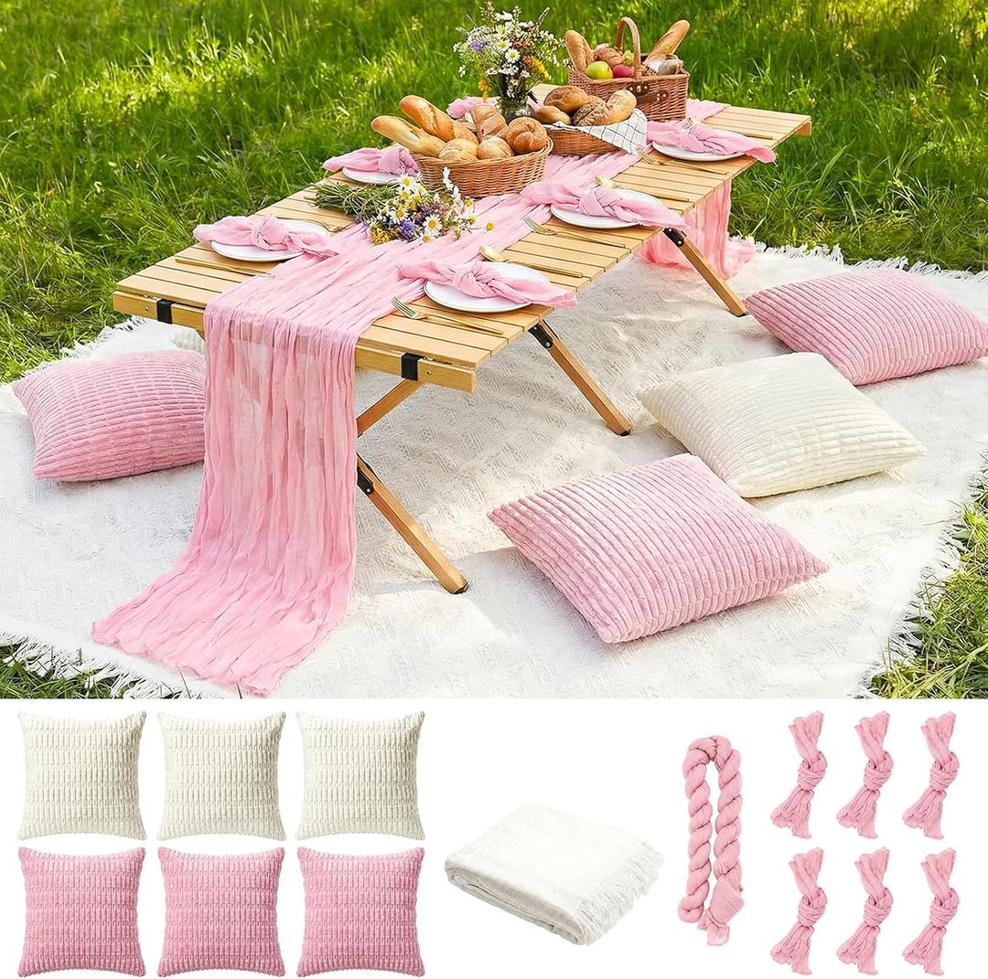 91 x 71 Extra Large Outdoor Boho White Picnic Blanket with Pink Table Runner, 6 Napkins and 6 Throw Pillow Covers Table Decor for Beach Picnic Camp Wedding Party Birthday Baby Shower
