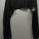 OYOANGLE Women's Hollow Out Crochet Long Sleeve Cropped Top Sheer Lightweight Knit Crop Tops Swimsuit Cover Ups (X-Large, Black)