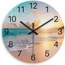 Analog Round Wall Clock for Living Room Decor Glass Blue Wall Clock Silent Beach Coastal Wall Clock Battery Operated 14 Inch