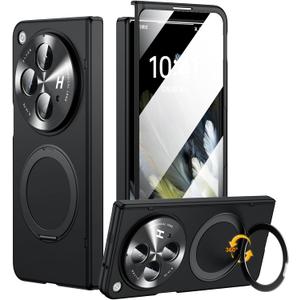 for Oneplus Open Case with 360 Magnetic Rotatable Ring Stand, Built-in Screen Protector & Hinge Protection, Thin & Slim Magnetic Stand Phone Case 5G, Black