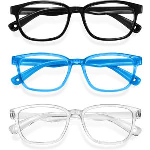 Okany Blue Light Glasses for Kids 3 Pack Anti Glare & Eye Strain Glasses Computer TV Phone Tablets UV Protection Glasses for Kids Boys Girls Age 3-12(Black + Transparent blue + Transparent)