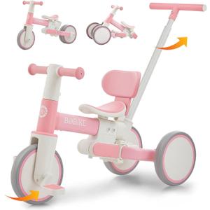5-in-1 Tricycle for Toddlers 18 Months to 5 Years Old, Toddler Bike, Kids Tricycle with Push Handle and Backrest, Toddler Balance Bike with Easy Assembly for Boys and Girls.(Pink)