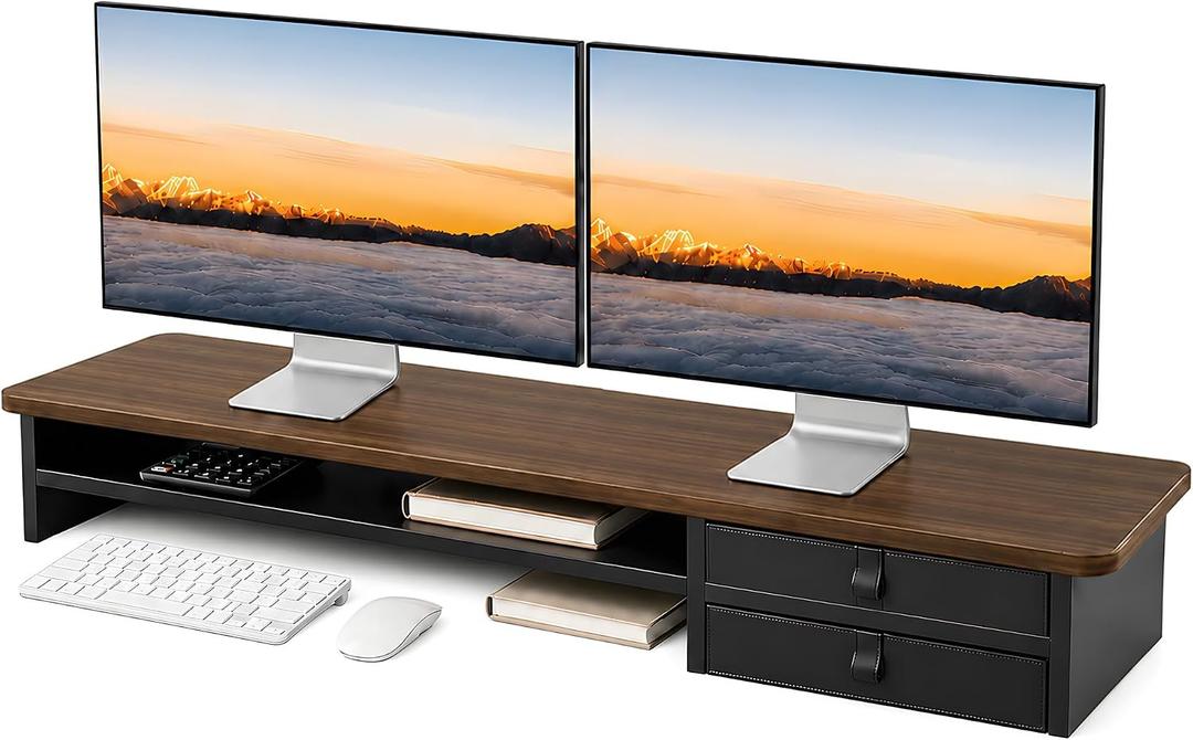 Dual Monitor Stand, 42.5 Inch Wood Monitor Riser with Drawers, 2 Tier Desktop Organizer for Computer Laptop TV, Large Screen Stand for Home Office Desk