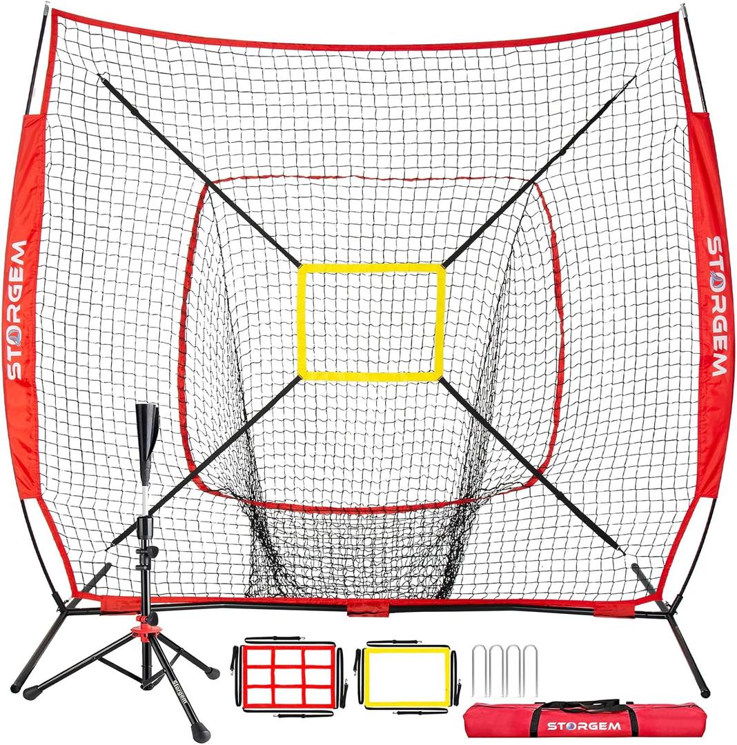 Storgem Baseball and Softball Practice Net 7×7ft Portable Hitting Pitching Batting Training Net Baseball Backstop Net with Batting Tee and Strike Zone and Bow Frame, 7x7ft