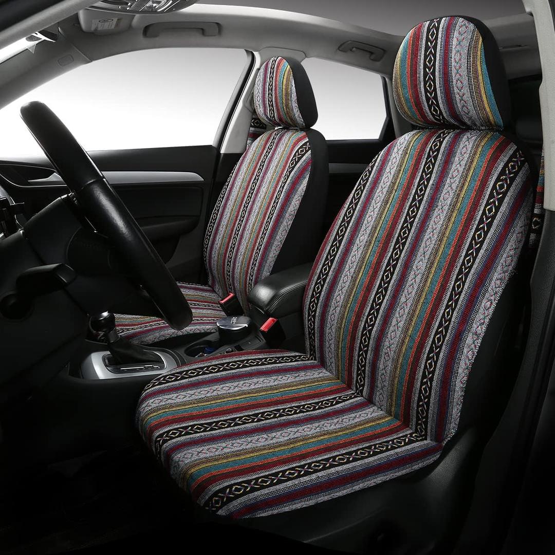 PONYJOYUP Baja Saddle Blanket Car Seat Covers 4PCS Front, Breathable and Washable Striped Woven Automotive Vehicle Seat Cover, Universal Seat Cover for Sedan, SUV, Truck, Airbag Compatible (Baja Inca)