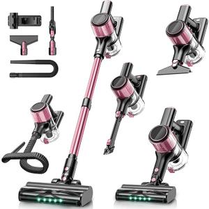 Cordless Vacuum Cleaner, 10-in-1 Vacuum Cleaners for Home with 28.75 in Hose, LED Display, Anti-Tangle Brush, Lightweight Stick Vacuums for Carpet, Pet Hair, Hardwood Floors, Dryer (Pink)