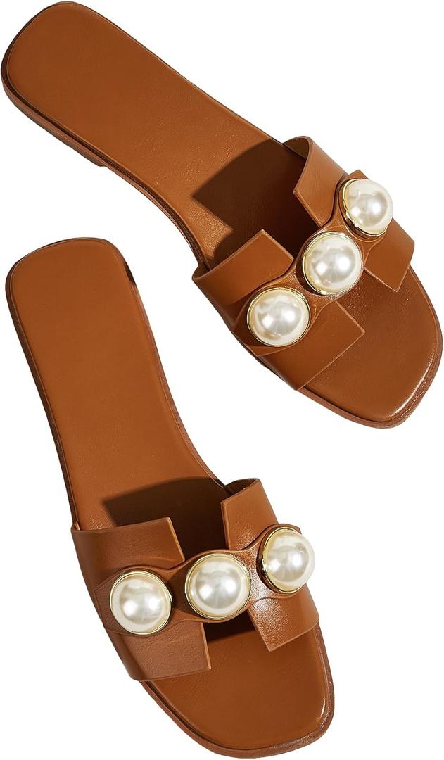 Verdusa Women's Flat Sandals Pearl Sandals Square Toe Summer Slip On Flat Shoes (Brown, 10.5)
