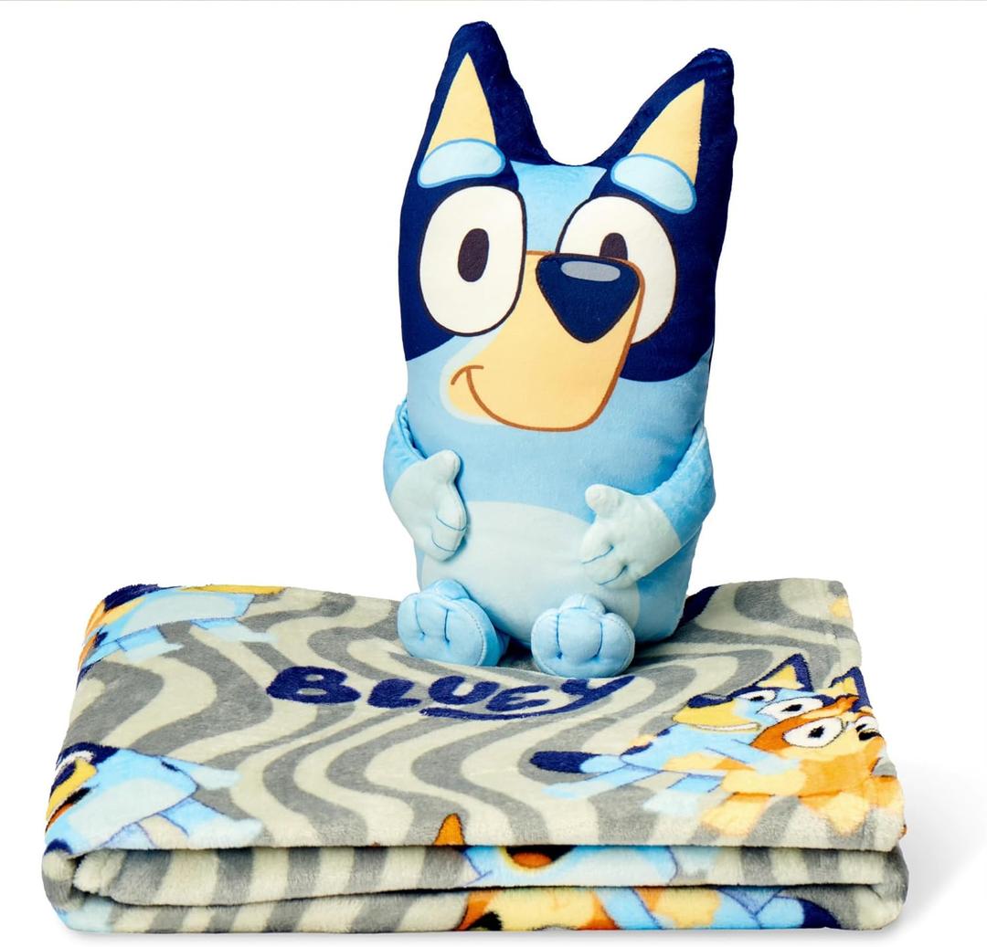 Bluey Throw & Plush Hugger Set, 50"x60" Silk Touch Blanket with 3D Character Pillow  Soft, Cozy Blanket for Kids and Toddlers