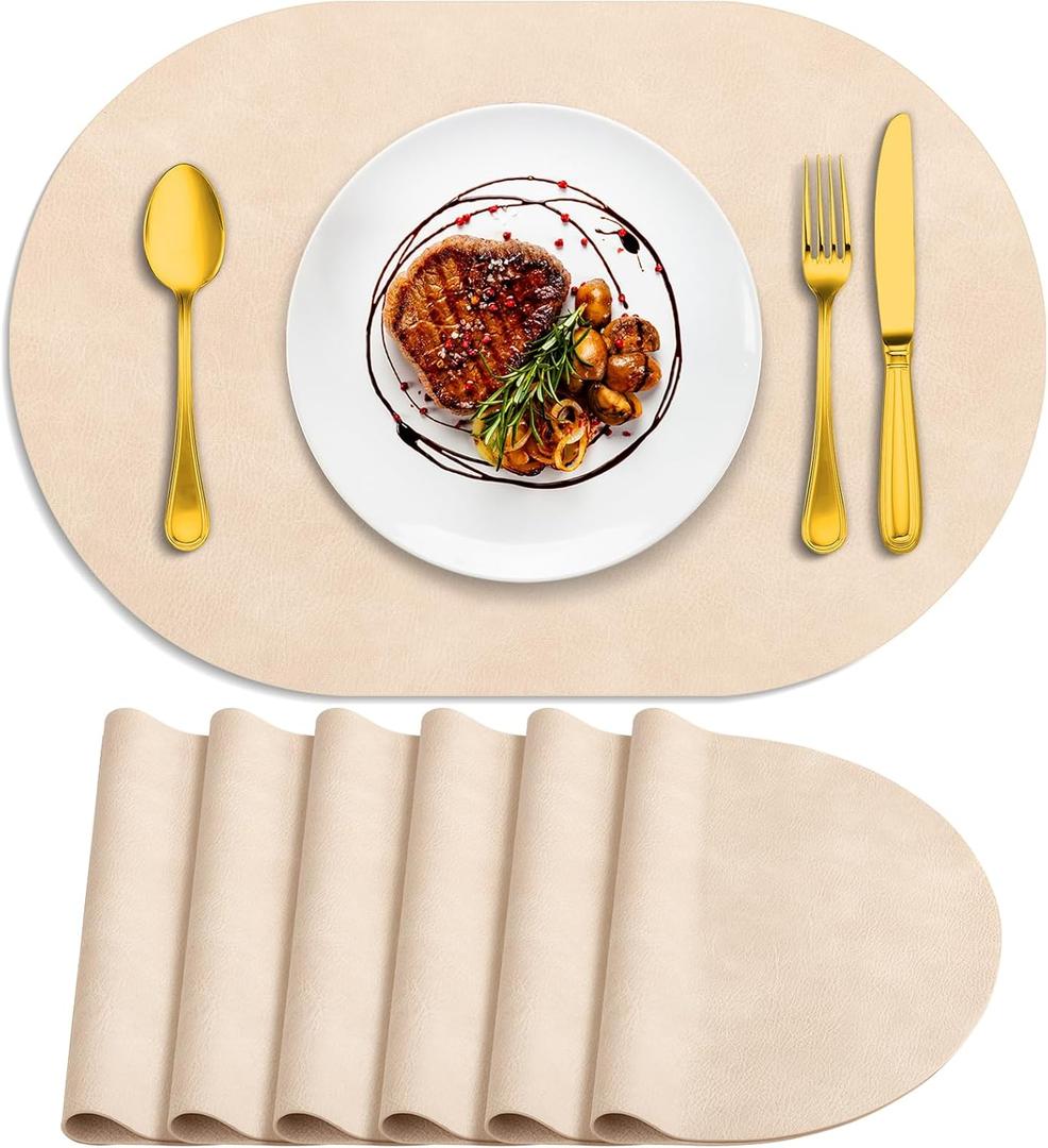 ADRIMER Placemats, Heat Resistant Oval Placemats Set of 6 Washable 12 x 17 Inch, Waterproof Table Mats, Wipeable Pu Place Mats for Kitchen, Dining Room, Beige