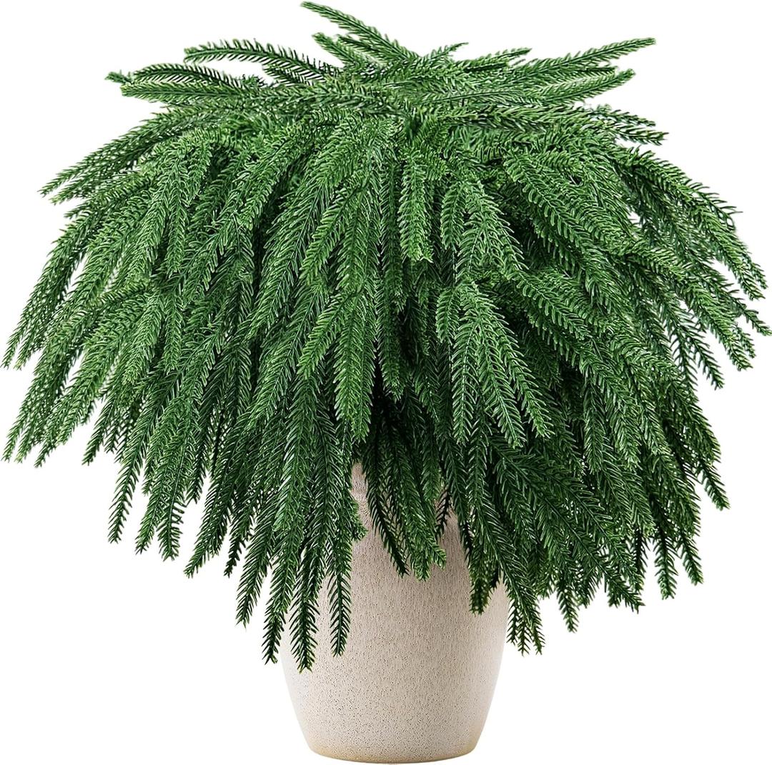 8 PCS Norfolk Pine Branches,21.6 Inch Artificial Green Pine Stem,Real Touch Faux Christmas Greenery Pines Picks for Vase DIY Flower Arrangement Garland Wreath Home Decoration