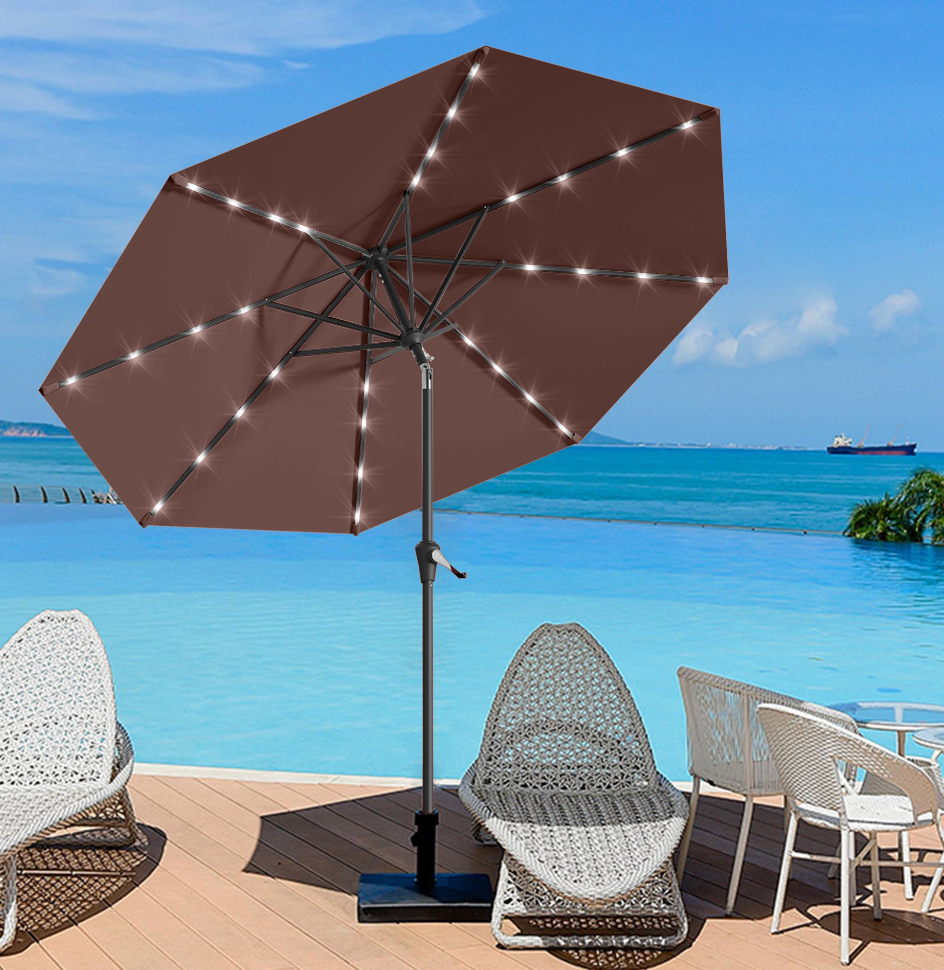 JEAREY 9FT Outdoor Patio Umbrella with Solar Lights, LED Lighted Pool Umbrella with Tilt and Crank, Outdoor Table Umbrellas for Deck, Yard & Market (Burgandy)