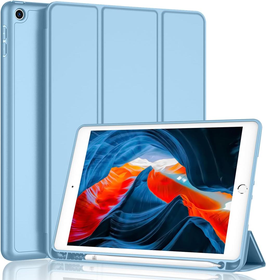 iMieet iPad 9th Generation Case 2021/iPad 8th Generation Case 2020 10.2 Inch with Pencil Holder, iPad 7th Gen 2019 Case with Soft Baby Skin Silicone Back, Auto Wake/Sleep Cover (Azure Blue)