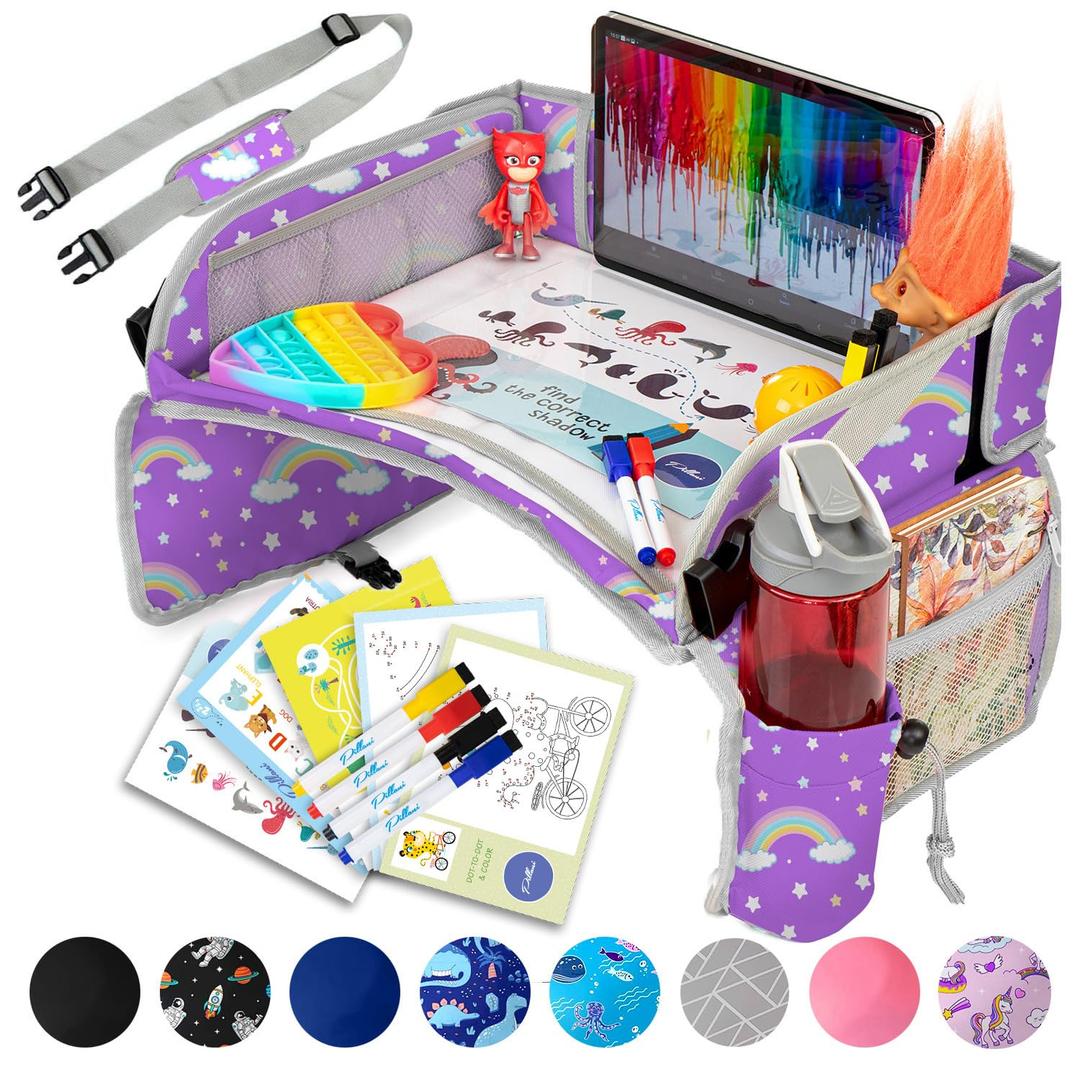 PILLANI Kids Travel Tray for Car - Car Seat Tray for Kids Travel, Road Trip Essentials Must Haves - Carseat Table Roadtrip Activities - Toddler Lap Desk Organizer for Airplane - Kids Travel Essentials (Rainbow)