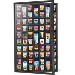 Black Shot Glass Display Case Large 61 Slots Glass Display Holder Wall Mounted Storage Shadow Box with UV Protection Acrylic Glass Door for Room Decor