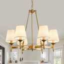 Gold Wagon Wheel Chandelier with White Linen Shade 6-Light Industrial Ceiling Light Fixture 26.8inch Large Farmhouse Hanging Pendant Light for Dining Living Room Kitchen Bedroom Entryway Foyer
