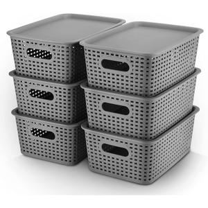 AREYZIN Plastic Storage Baskets Bins With Lid Organizing Container Lidded Knit Storage Organizer Bins for Shelves Drawers Desktop Closet Playroom Classroom Office, 6 Pack (Grey)