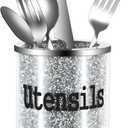 Bling Crushed Diamond Small Kitchen Utensil Holder for Countertop Glass Flatware Silver Utensil Crock Sparkly Gift Utensil Organizer (Silver)