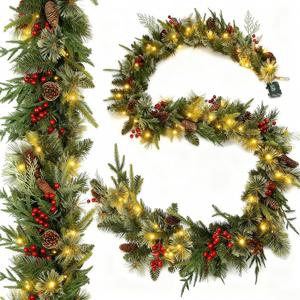 9ft Prelit Christmas Garland with Pinecone Norfolk Cedar Frosted Needles Berries, Lighted Christimas Garland for Stairs Railing Battery Operated, Xmas Decorations for Fireplace Mantel Staircase Table