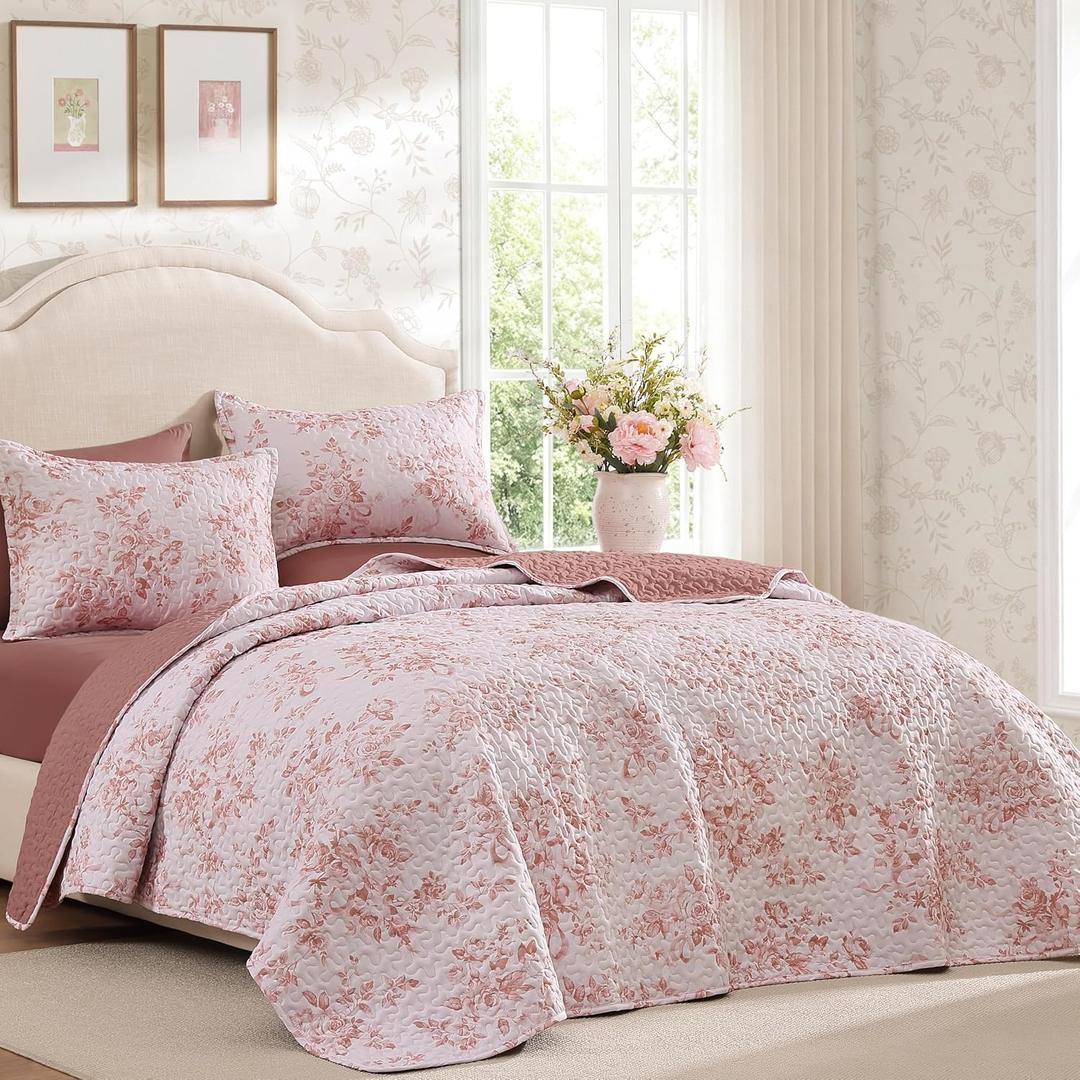 Andency Flower Queen Quilt Set, 3 Pieces Pink Soft Floral Bedspread, Queen-XL