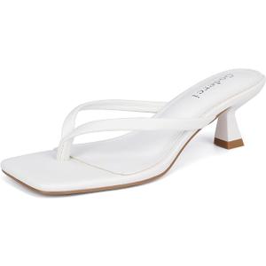 Goderci Kitten Flip Flop Thong Low Heels for Women Square Open Toe Slip On Heeled Sandals (White, 8)