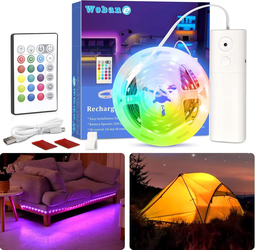 WOBANE Rechargeable LED Strip Light, 2000mAH Battery Powered Color Changing Strip Lights, 6.56ft RGB Rope Lighting with Remote, Suitable for Party,Shelf,Sofa,Desk,Game,Holiday,Indoor Decoration