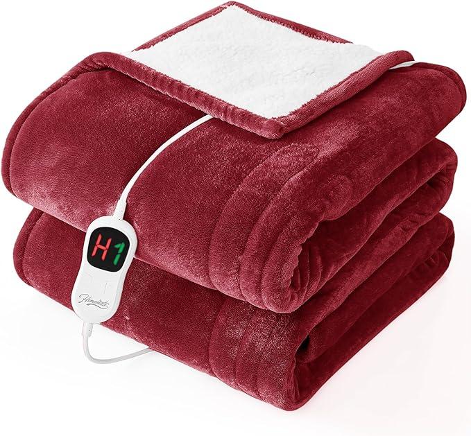 Homemate Heated Blanket Electric Throw  50"x60" Heating Blanket Throw 1/2/4/6/8 Hours AutoOff 10 Heat Level OverHeat Protection Flannel Sherpa ETL Certification