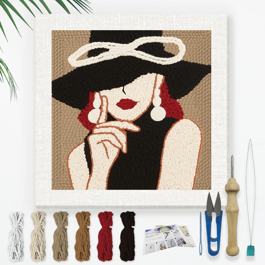 Doodlream Elegant Lady DIY Punch Needle Embroidery Kit for Adult Beginner, 9.4" Woman Wearing Hat Punch Stitching Craft Set for Starter with Frame, Fabric Pattern, Threader, Yarn, Pinch Needle | 9.4" x 9.4", Hat Woman Punch Stitching Craft Set for Starter with Frame, Fabric Pattern, Threader, Yarn, Pinch Needle