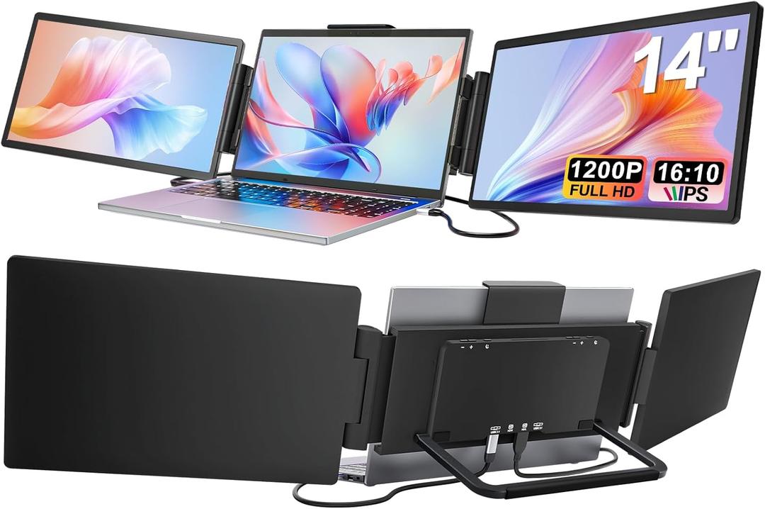 Laptop Screen Extender, 14" 1200P FHD IPS Triple Portable Monitor 16:10 for 13.3"-16" Laptops, Type-C/HDMI Plug & Play Extended Monitor for Mac/Wins/Android/Chrome
