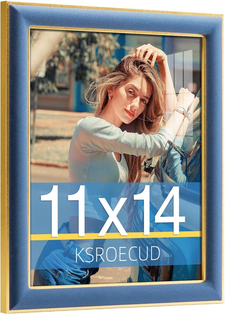 Velvet Picture Frame, Navy Blue 11x14 Velvet Photo Frame with Vintage Gold Border, 11 by 14 Poster Frame with HD Real Glass Horizontal & Vertical Display for Tabletop and Wall Decor (1 Pack)