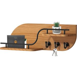 Modern Decorative Key and Mail Holder with 2 Floating Shelves, Wood Wall Mounted Key Organizer with 3 Metal Hooks for Home Entryway, Brown