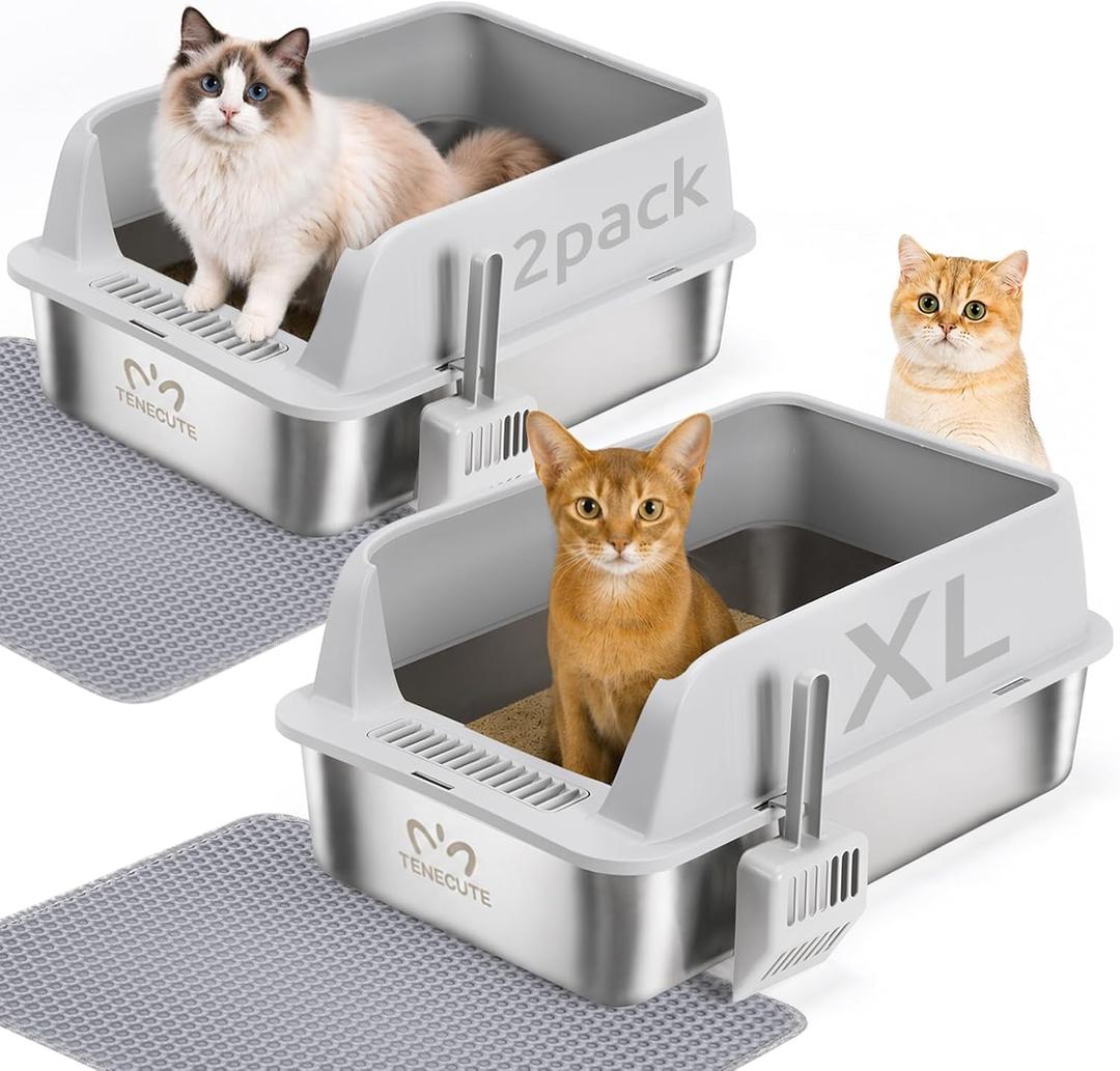 2PACK Stainless Steel Cat Litter Box with High Sides Shield for Multi Cat, XL Extra Large Metal Litter Box with 2 Cat Litter Scoops & 2 Mats, Non-Stick, Odorless, Easy to Clean