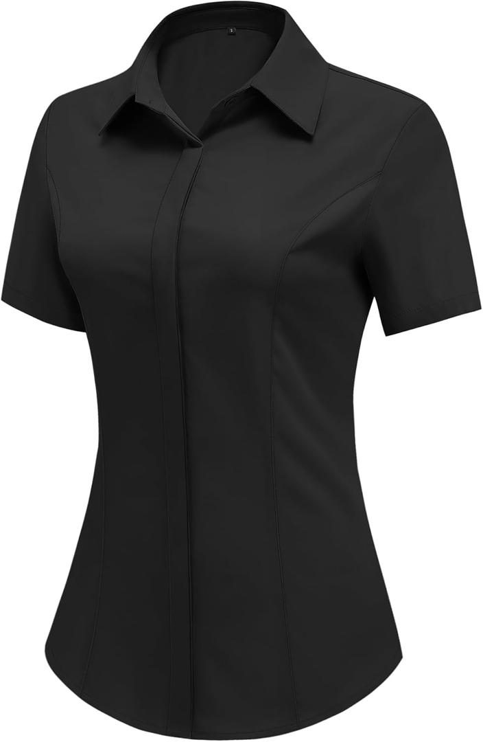 HOTOUCH Women Short Sleeve Button Down Shirts Business Work Fitted Collared Blouse Office Basic Summer Tops (Black, M)