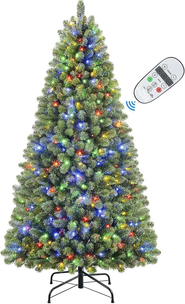 SHareconn 6ft Prelit Premium Artificial Hinged Christmas Tree with Remote Control,Timer, and 330 Warm White & Color LED Changing Lights, 952 Branch Tips, Perfect Choice for Xmas Decoration, 6 FT