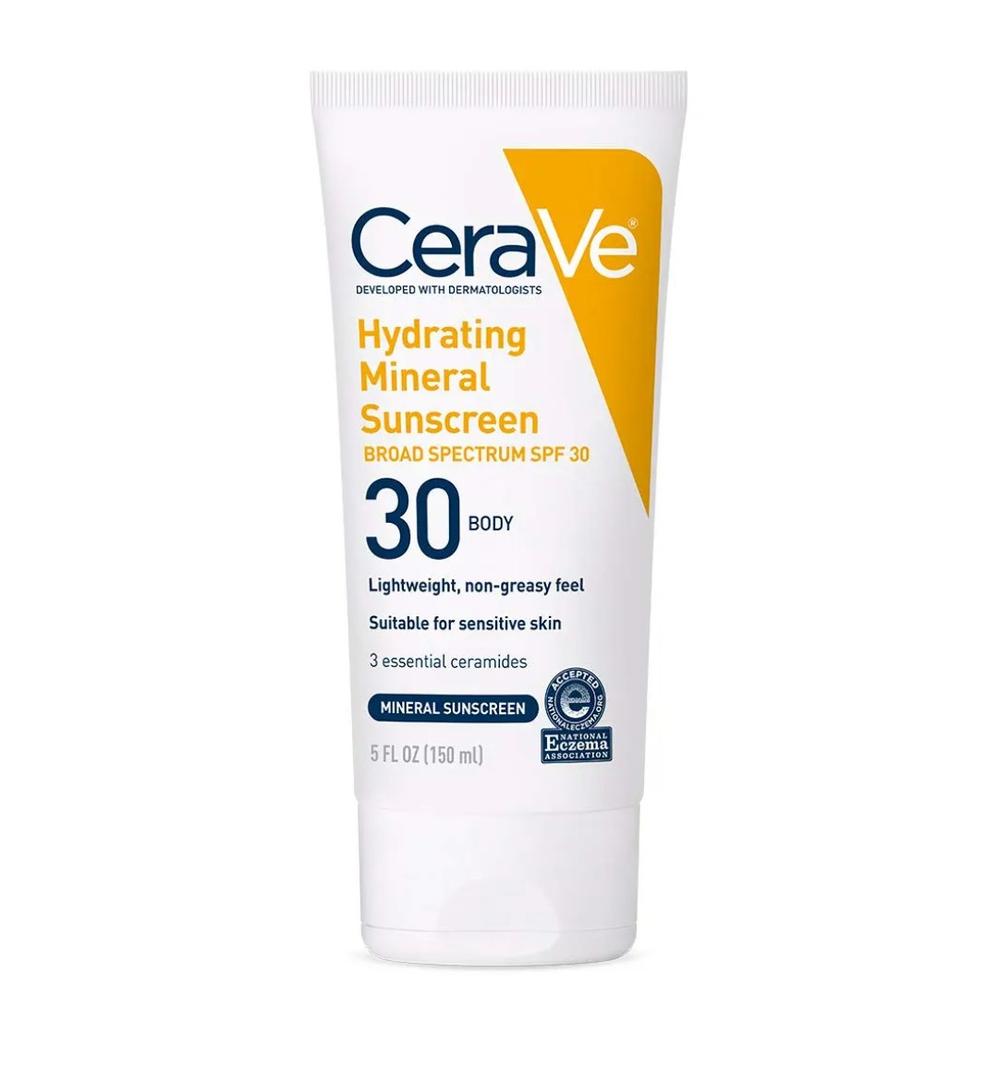 CeraVe 100% Mineral Sunscreen SPF 30 with Zinc Oxide & Titanium Dioxide, Hyaluronic Acid & Ceramides, Oil Free, Non-Greasy, Hydrating Mineral Sunscreen For Body, 5 oz
