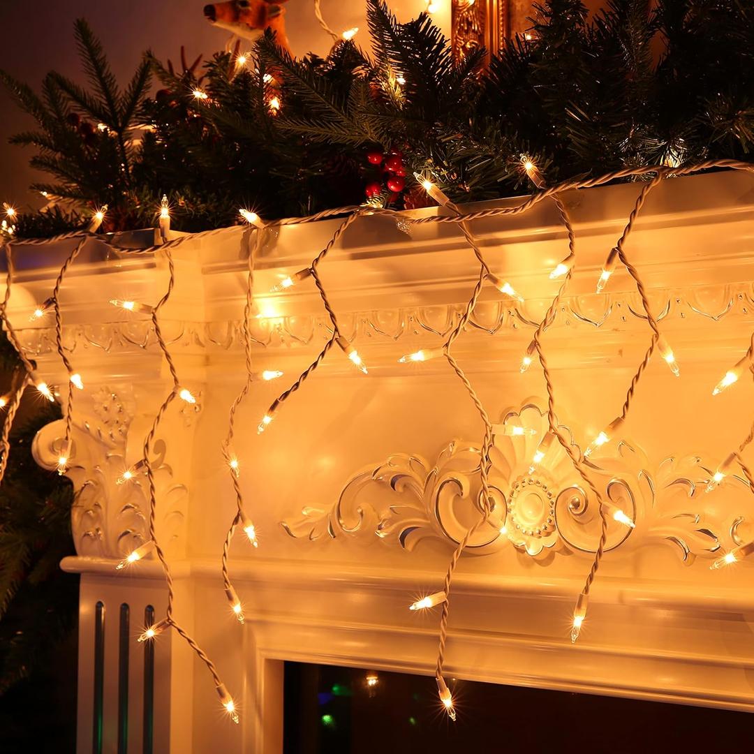 Lomotech Christmas Icicle Lights, 18Ft 54 Drops 300 Count Incandescent Connectable Waterproof Lights for Holiday Decorations (White Wire, Warm)