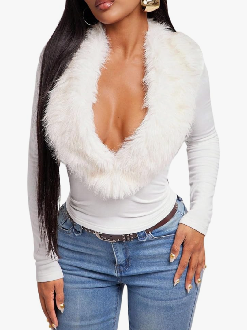 SweatyRocks Women's Faux Fur Deep V Neck Crop T Shirts Casual Long Sleeve Fitted Going Out Tees, L