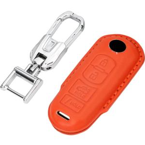 PIFOOG Key Fob Cover Fit for Mazda Leather 4 Buttons Car Keys Case Shell Protector with Metal Keychain Accessories Fits for Mazda 3 6 CX5 CX9 CX3 MX5 Smart Keys Girly Women Orange 1PC