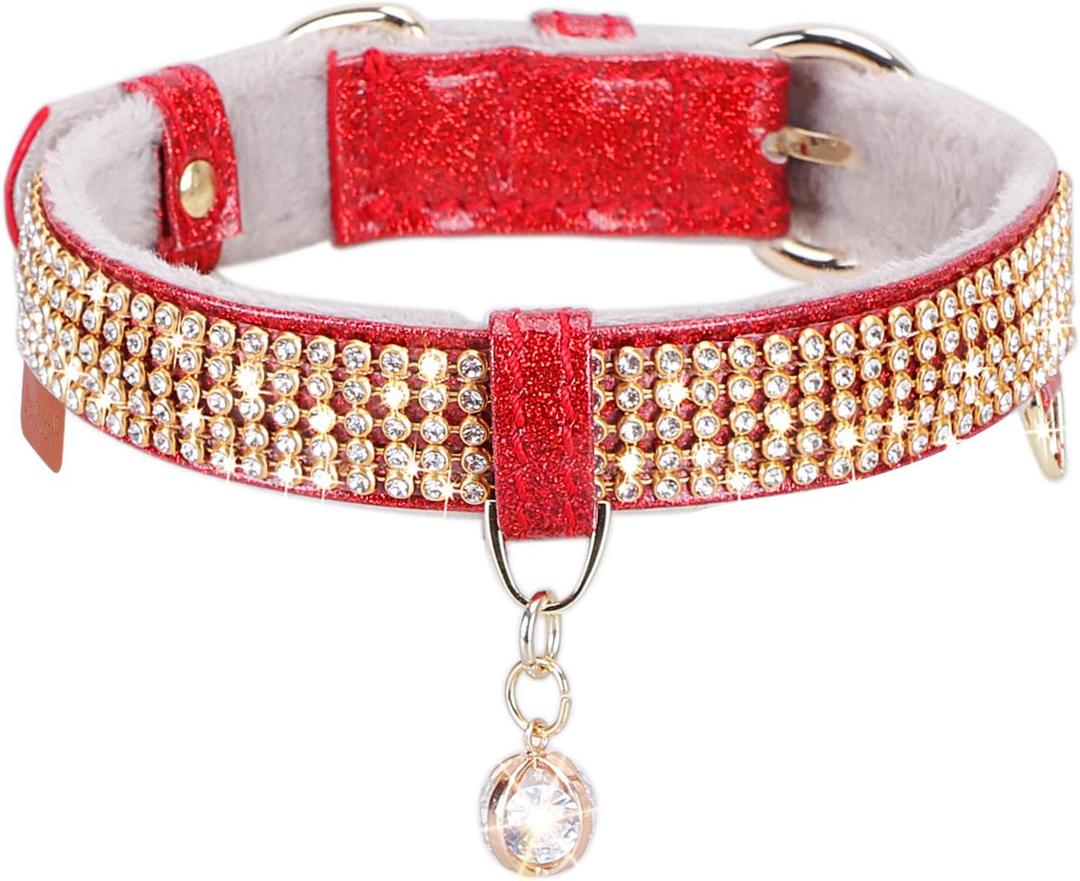 PetsHome Cat Collar, Dog Collar, [Bling Rhinestones] Premium PU Leather with Pendant Adjustable Collars for Small to Medium Dog Medium Red (Medium (Pack of 1))