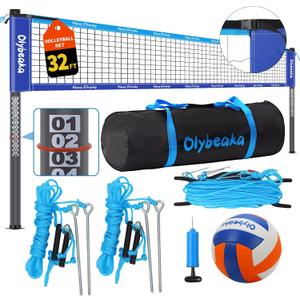 20ft / 32ft Portable Outdoor Volleyball Net Set for Backyard Beach Grass with Heavy Duty 1.25" Adjustable Poles, 28-Ply PE Net, PU Volleyball & Pump, Large Storage Bag