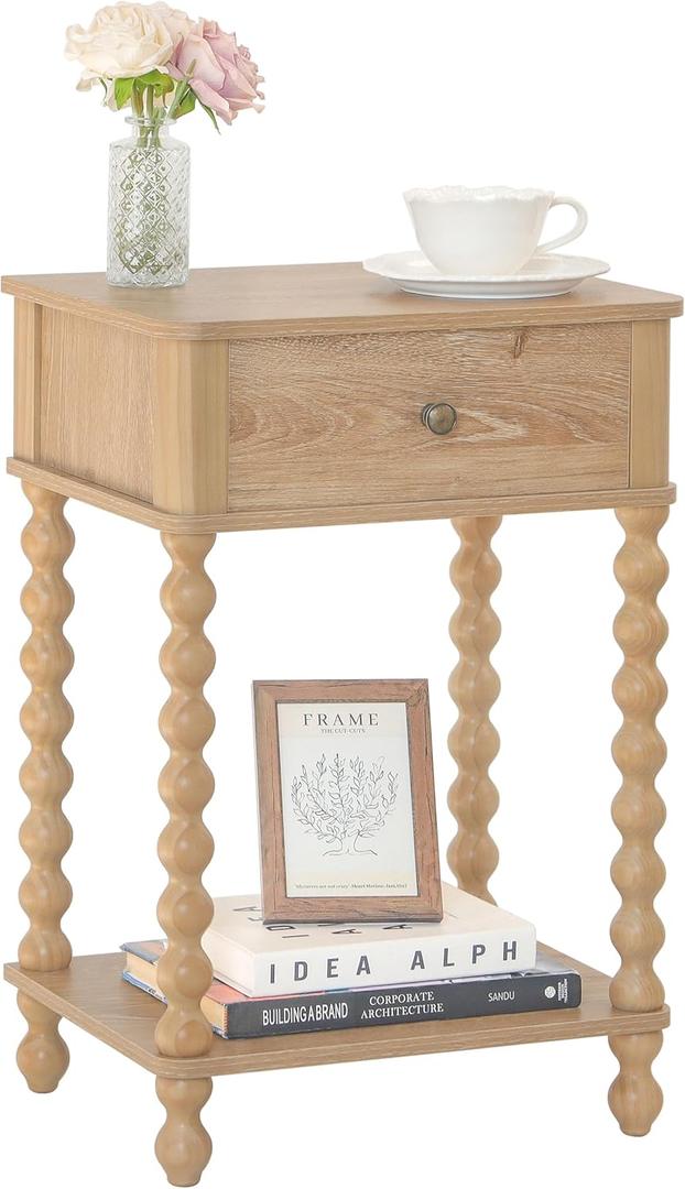 AWASEN Night Stand, Wood End Table with Drawer for Living Room, Small Bedside Side Table with Spindle Wood Legs for Bedroom, Office, Rustic Walnut