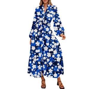Lazysmile Maxi Dresses for Women Long Sleeve Shirt Dress with Pockets (Blue, S)